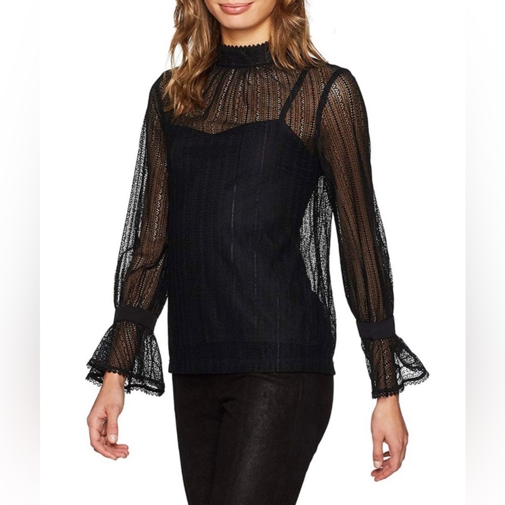 TRINA TURK Cicero Mock Neck Black Noir Lace Blouse Top Shirt Semi Sheer Ruffle